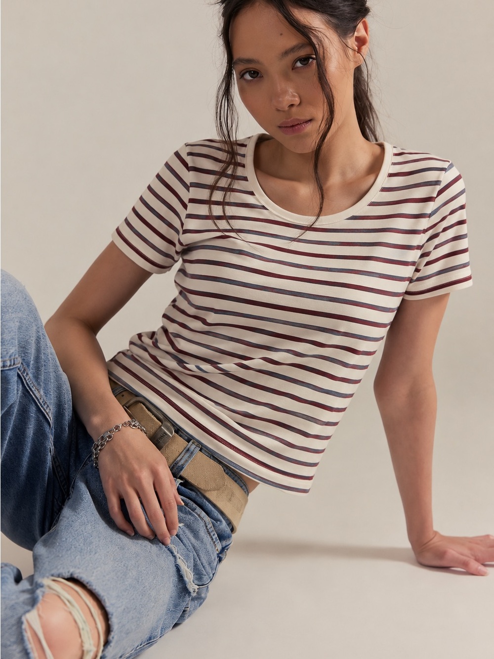 232. Striped Crewneck Tee in Cream and Brown